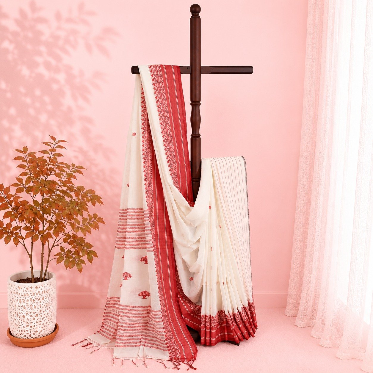 White & Red Premium Tangail Soft White & Red Premium Tangail Saree - Image 1